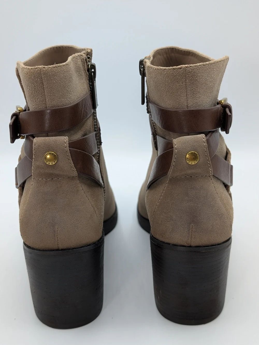 Michael Kors Women 8 Taupe Suede Ankle Boots Brown Leather Straps Block Heel